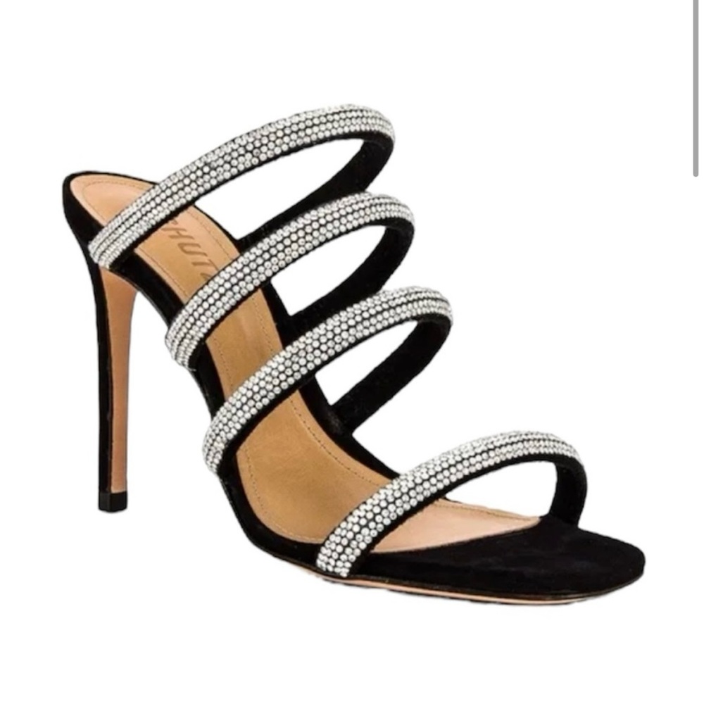 SCHUTZ Sariah Crystal Embellished Straps Heels in Black & Cristal Size 11.